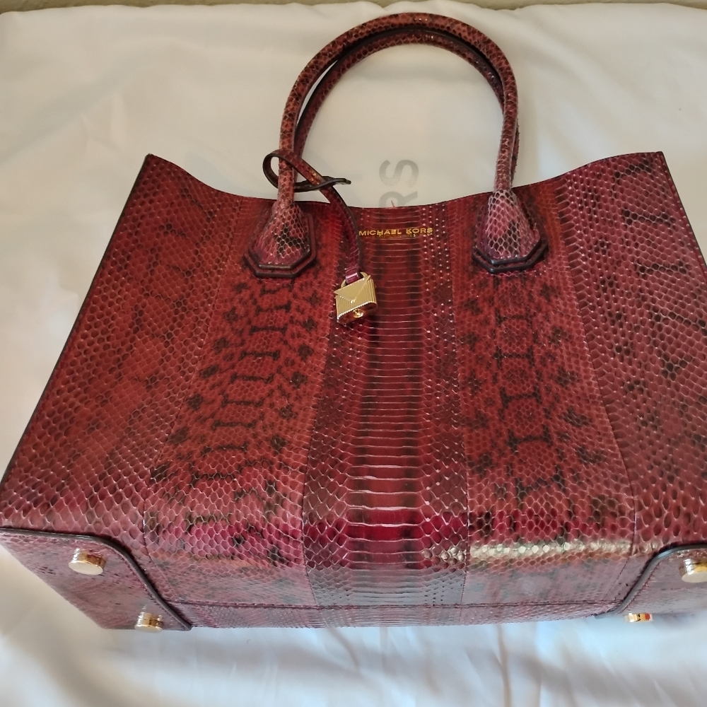 Michael Kors Burgundy Snake Print Tote